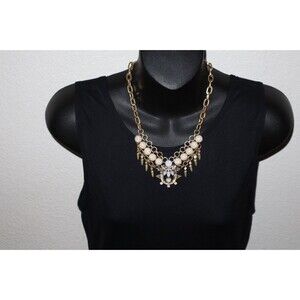 Gold Tone Chain Link Bead Necklace White Marbled Faux Howlite Rhinestone AB 17"+